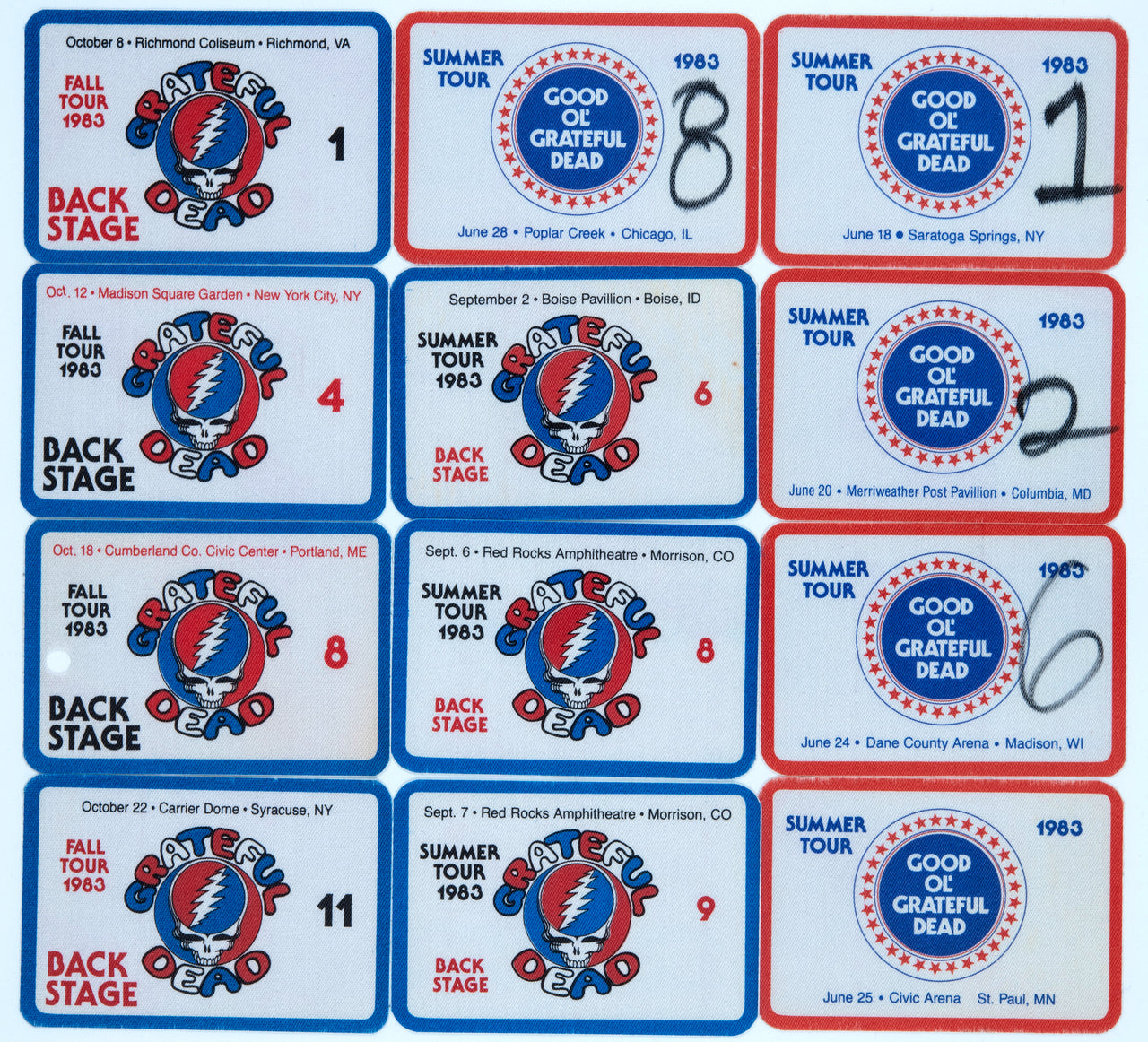 Grateful Dead Backstage Passes (9/9/1982 - 9/24/1982) from Dan Healy