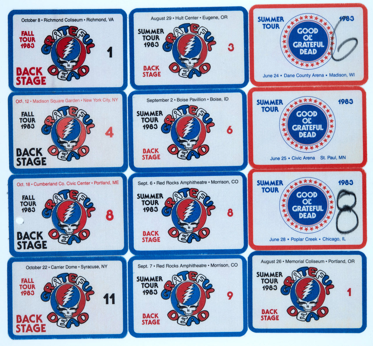 Grateful Dead Backstage Passes (6/24/1983 - 10/22/1983) from Dan Healy