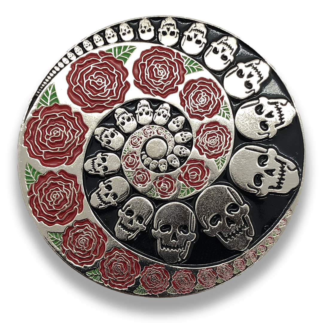 Spiral Skull & Roses Throwback Pin